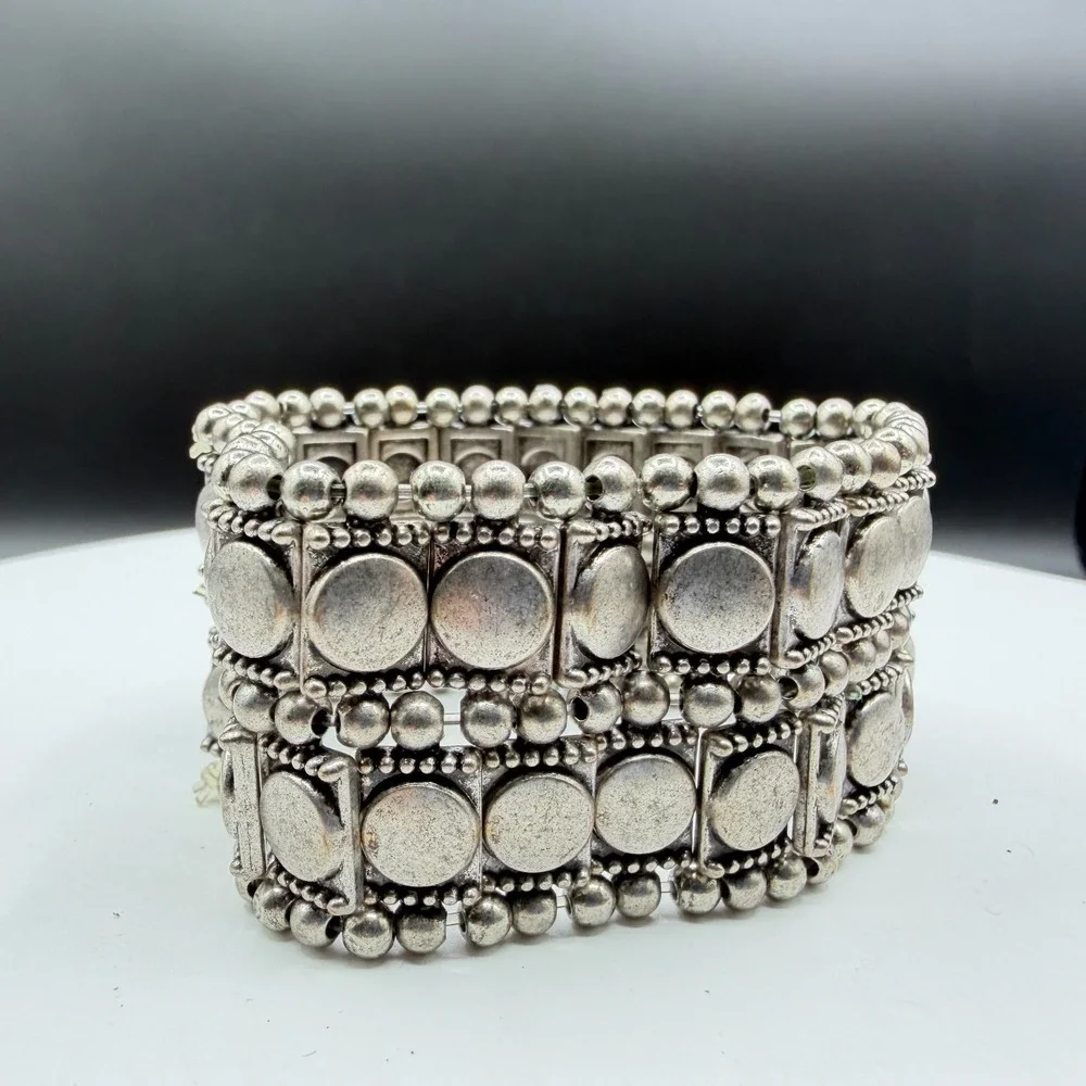 Silver Tone Chunky Stretch Bracelet Geometric Coin Bead Boho Statement Jewelry